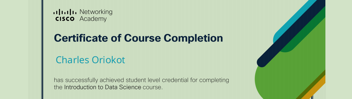Cisco Networking Academy Introduction to Data Science course completion certificate for Charles Oriokot