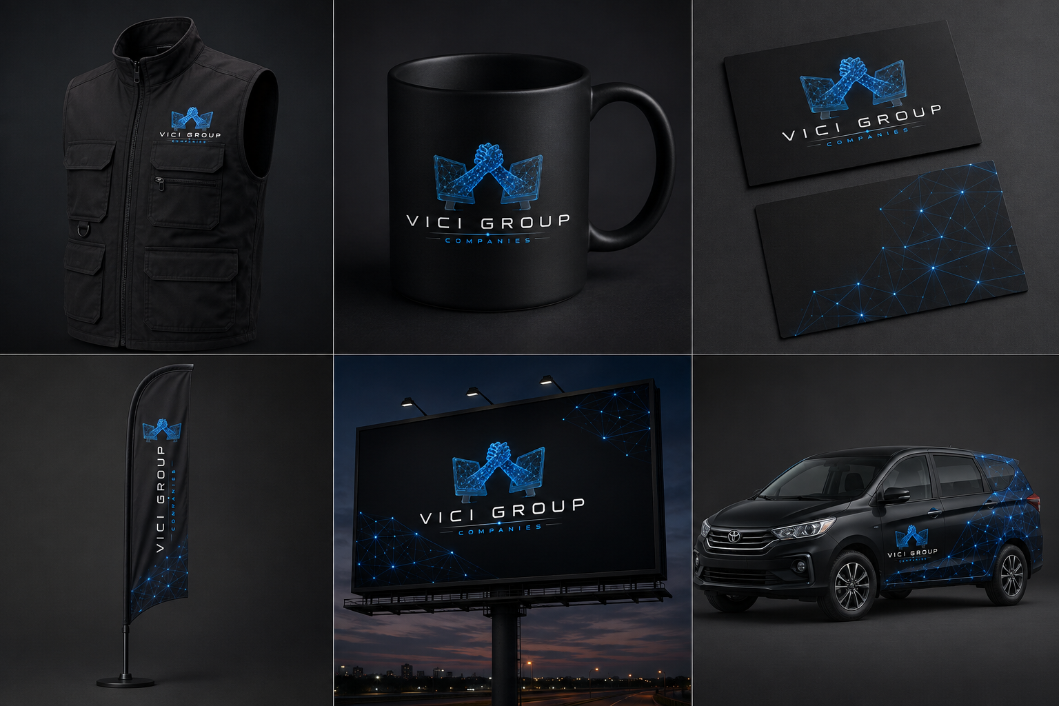 Dark-theme VICI Group visual identity concept board